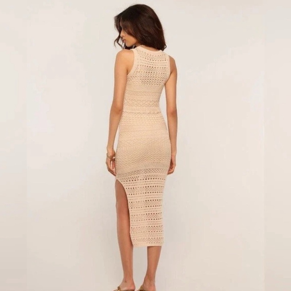 Heartloom Crochet Pointelle Knit Dress Medium Midi Casual Nude Fitted 100 Cotton